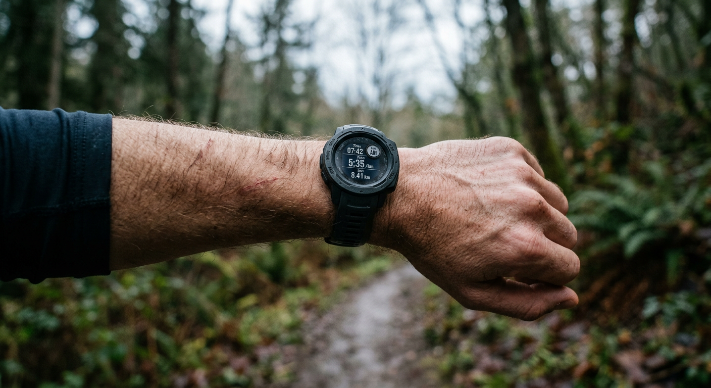 Un coureur vérifie sa montre GPS sur un sentier forestier